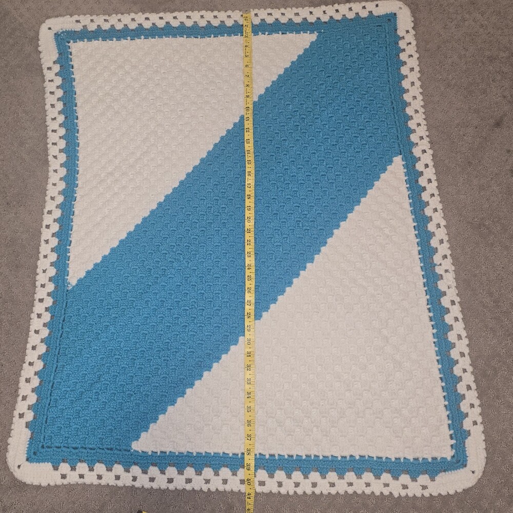 Vintage Handmade Crochet Afghan Lap Blanket Turquoise White 41x32 Retro - Picture 8 of 9